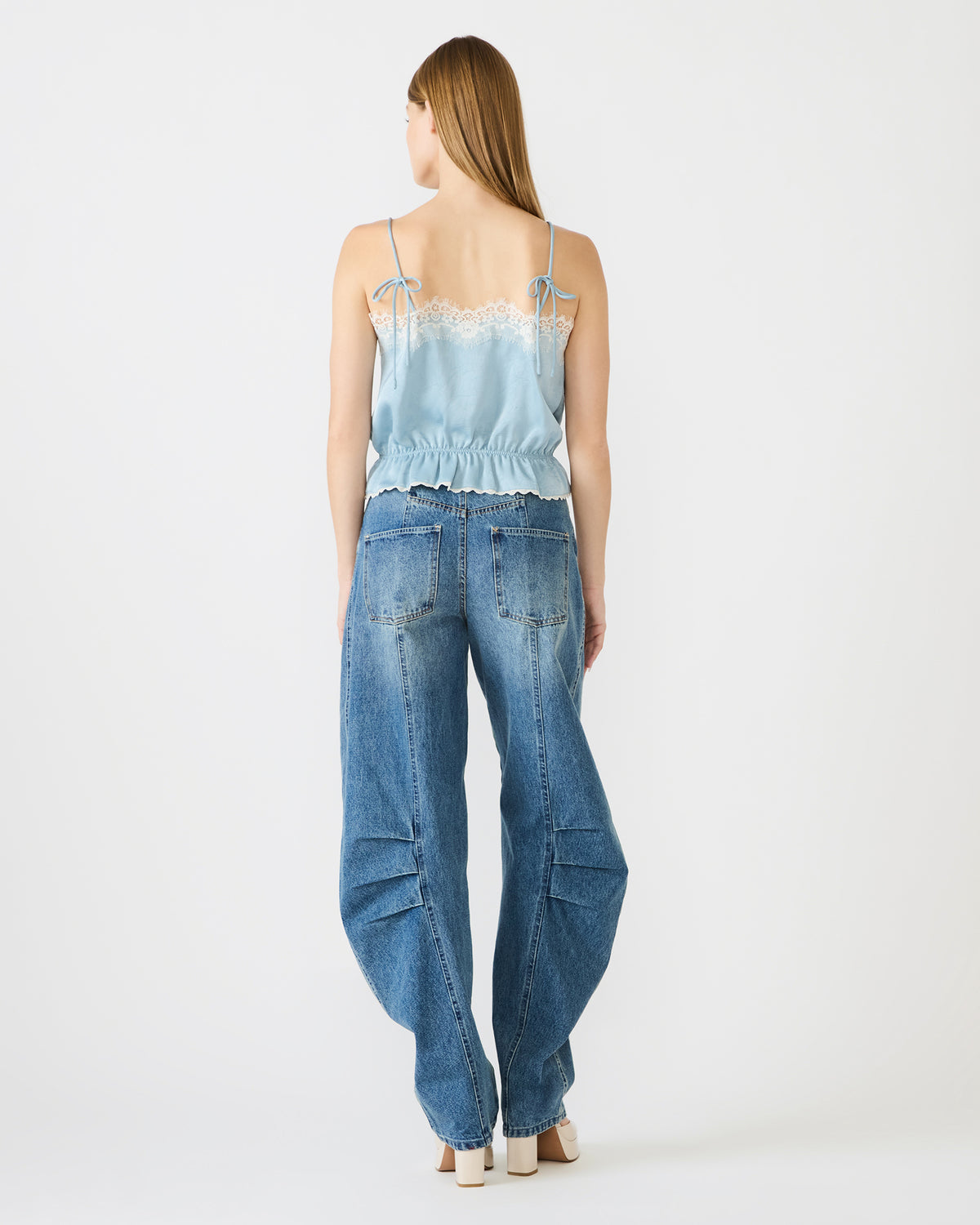 ROAN Dusty Blue Sleeveless Lace Trime Cinched Waist Women's Top
