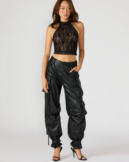 JUDY Black Lace Mesh Cropped Halter Women's Top