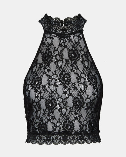 JUDY Black Lace Mesh Cropped Halter Women's Top