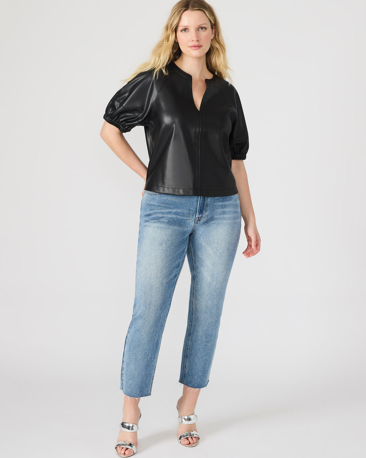 ROXANNE Black Short-Sleeved Faux Leather Puff Sleeve Women's Top