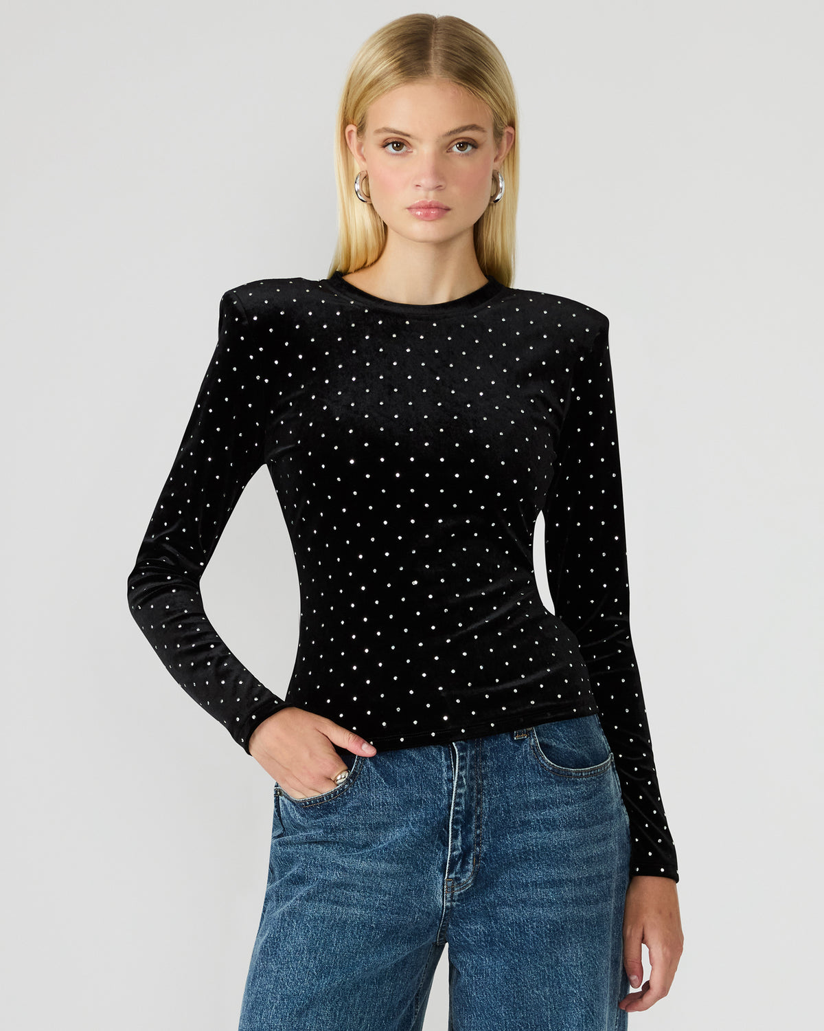 MADILYN Black Studded Velvet Long-Sleeved Rhinestone Embellished Women's Top
