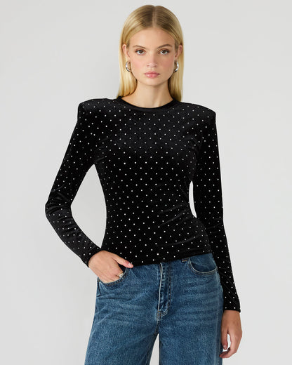 MADILYN Black Studded Velvet Long-Sleeved Rhinestone Embellished Women's Top