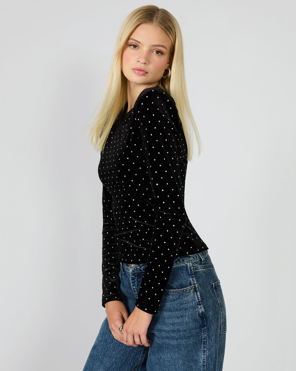 MADILYN Black Studded Velvet Long-Sleeved Rhinestone Embellished Women's Top