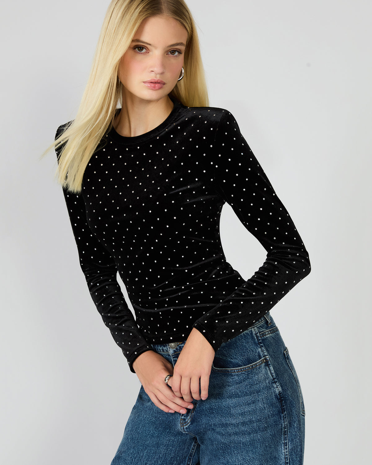 MADILYN Black Studded Velvet Long-Sleeved Rhinestone Embellished Women's Top