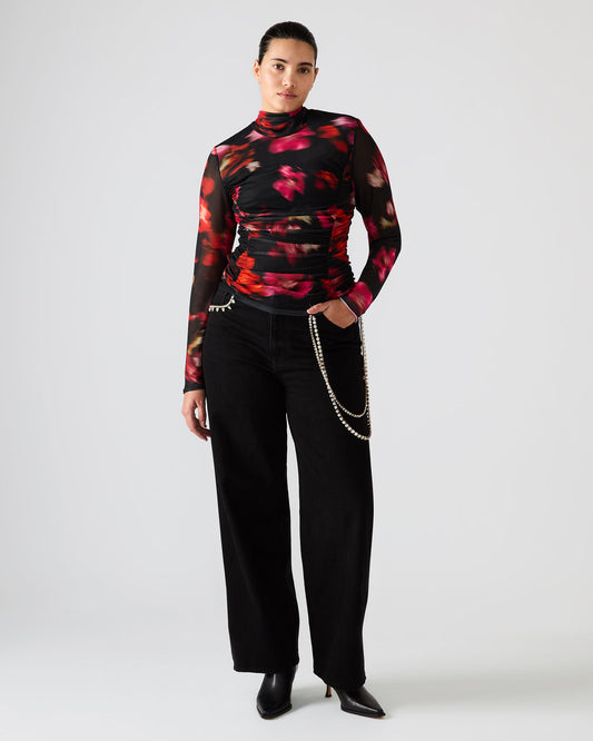 TAYLORE Blurry Floral Long-Sleeved Sheer Mesh Fabric Women's Top