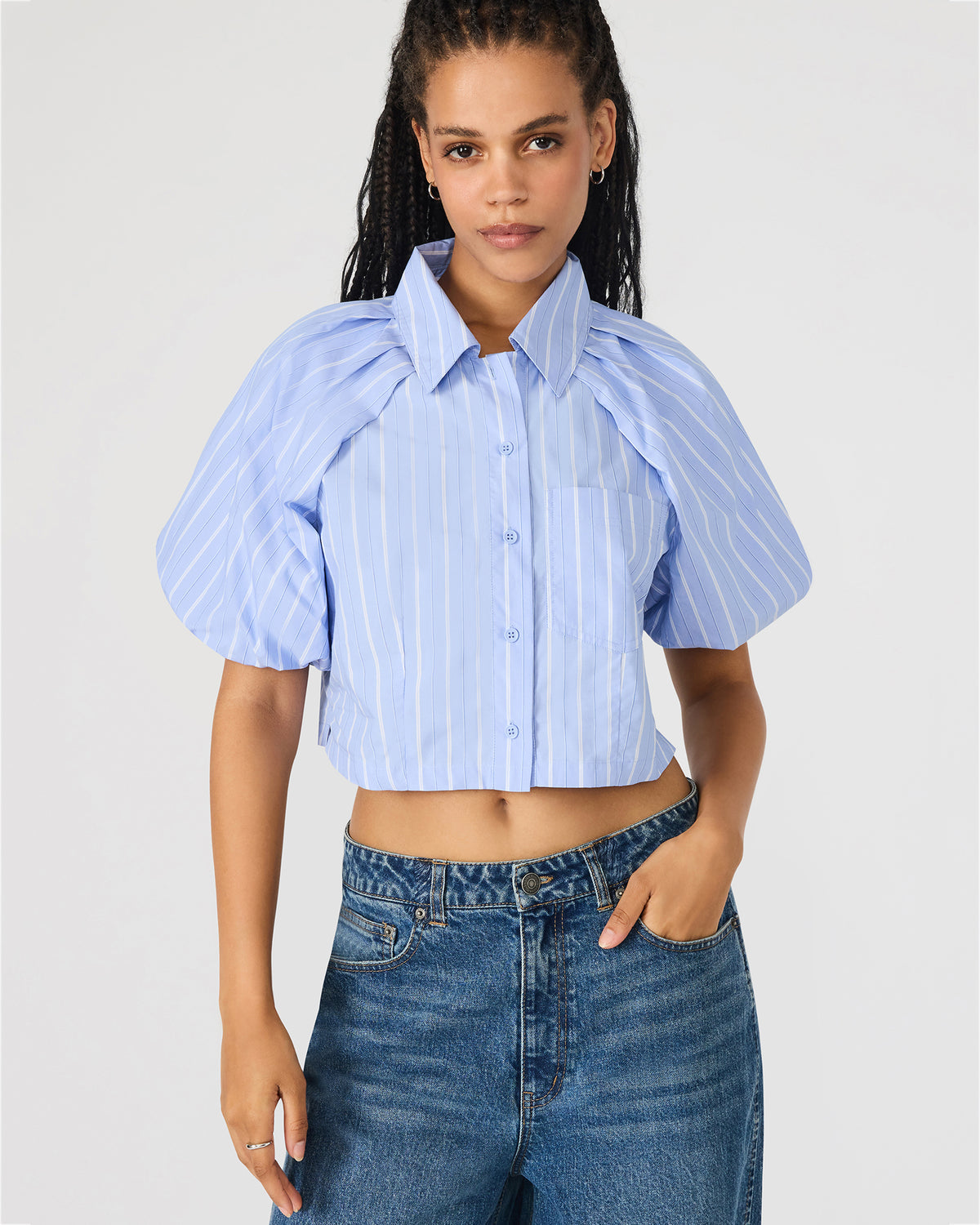 REECE Soft Blue Button-Up Collared Bubble Sleeve Women's Top