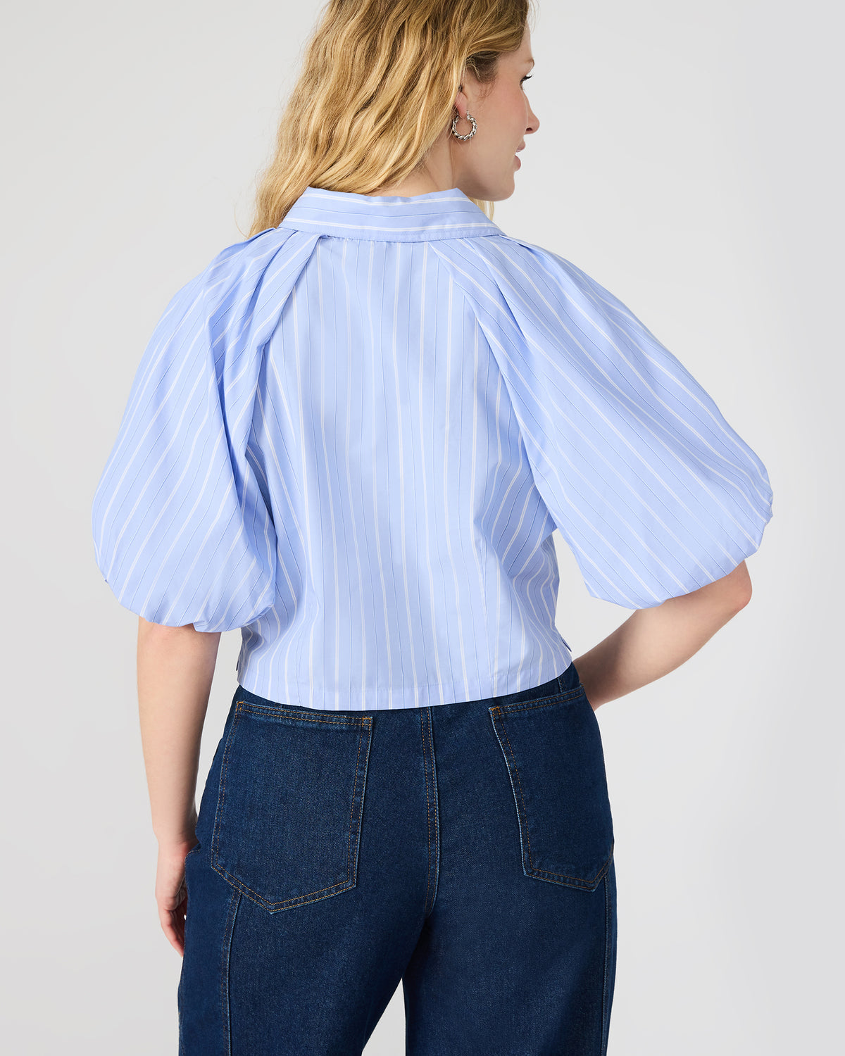 REECE Soft Blue Button-Up Collared Bubble Sleeve Women's Top