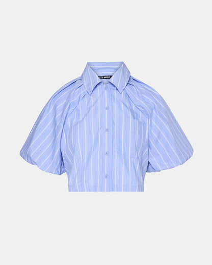 REECE Soft Blue Button-Up Collared Bubble Sleeve Women's Top