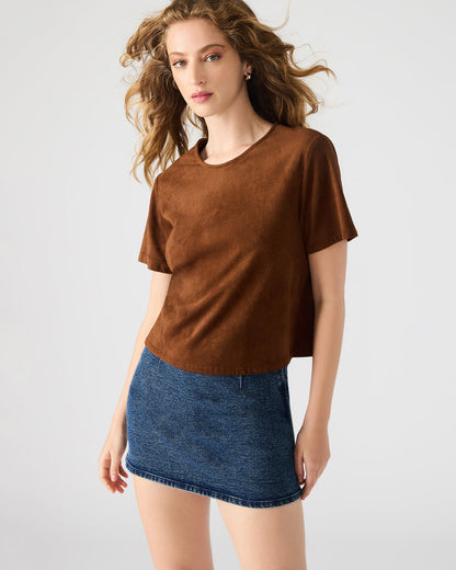 EZRA Chicory Coffee Short-Sleeved Faux-Suede Women's Top