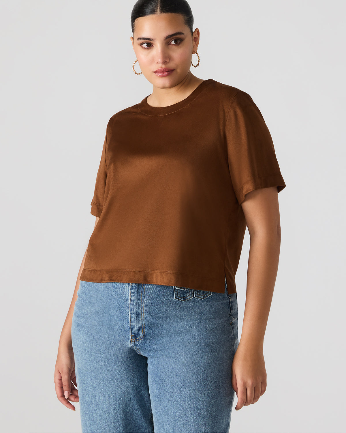 EZRA Chicory Coffee Short-Sleeved Faux-Suede Women's Top