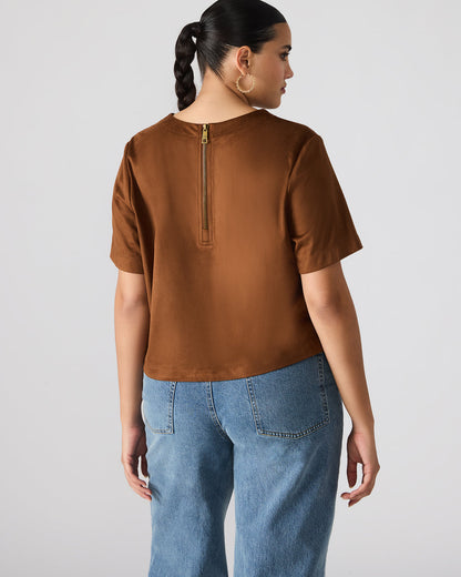 EZRA Chicory Coffee Short-Sleeved Faux-Suede Women's Top