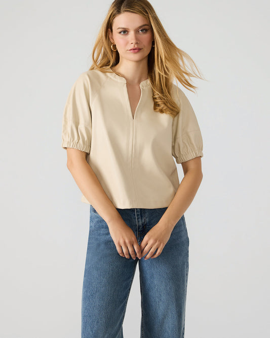 ROXANNE Bone Short-Sleeved Faux Leather Puff Sleeve Women's Top