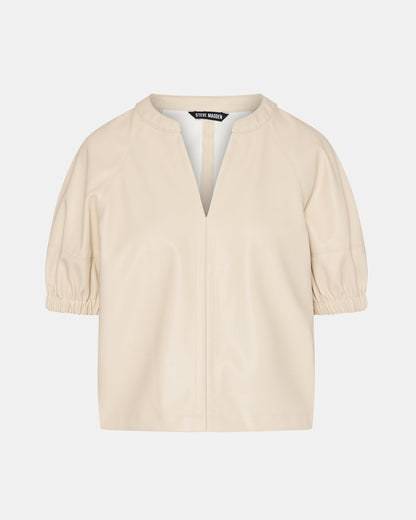 ROXANNE Bone Short-Sleeved Faux Leather Puff Sleeve Women's Top