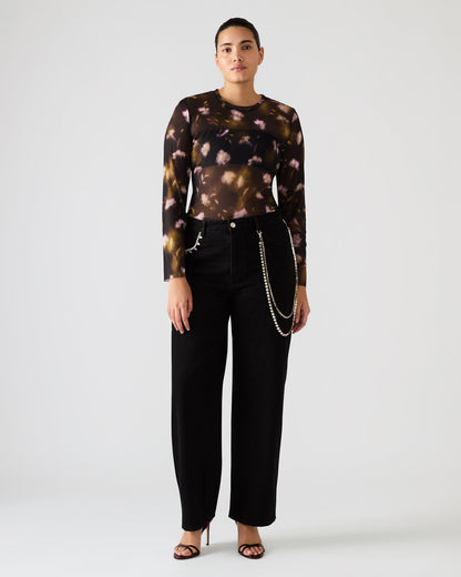 LILIANNA Black Multi Mesh Sheer Long-Sleeved Floral Print Women's Top