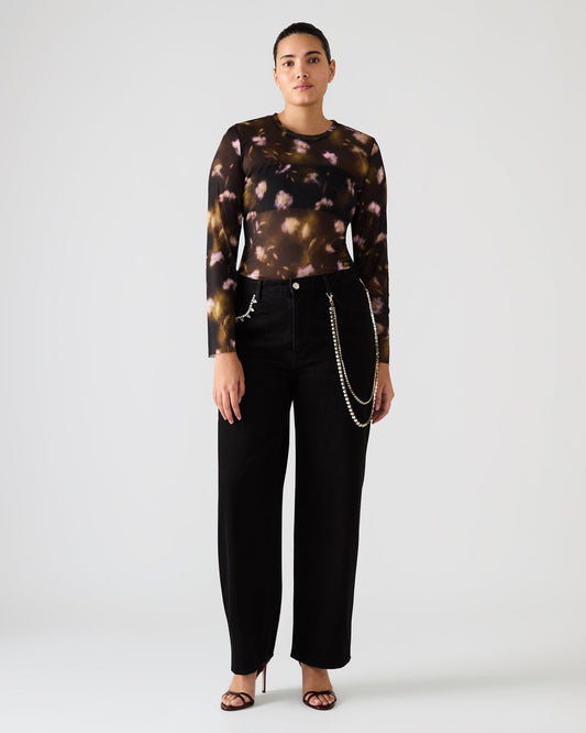 LILIANNA Black Multi Mesh Sheer Long-Sleeved Floral Print Women's Top