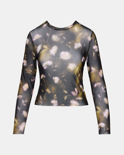 LILIANNA Black Multi Mesh Sheer Long-Sleeved Floral Print Women's Top