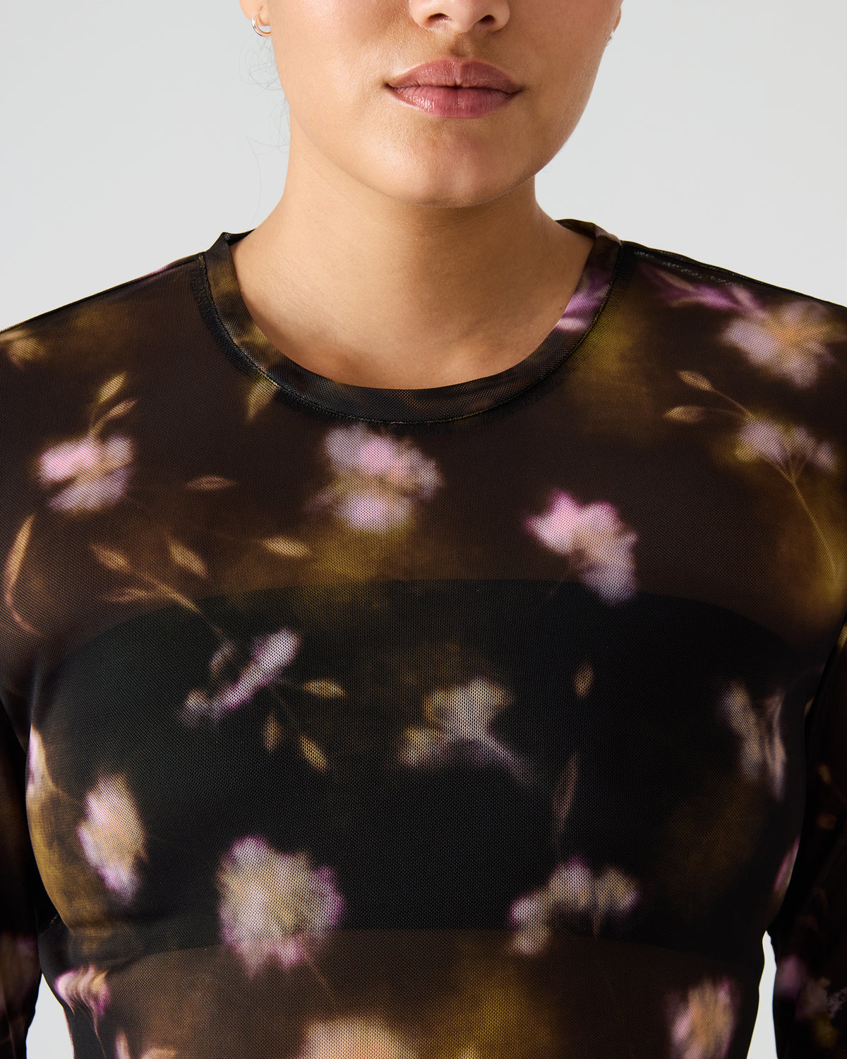 LILIANNA Black Multi Mesh Sheer Long-Sleeved Floral Print Women's Top