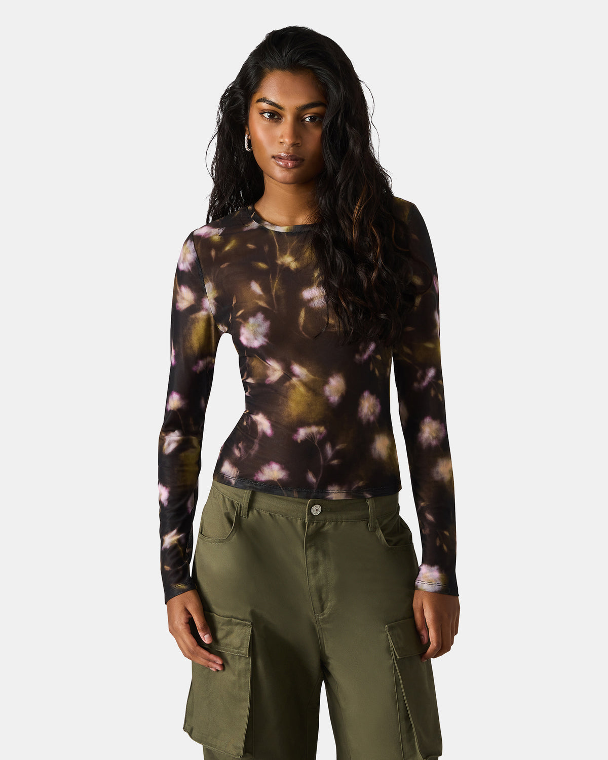 LILIANNA Black Multi Mesh Sheer Long-Sleeved Floral Print Women's Top