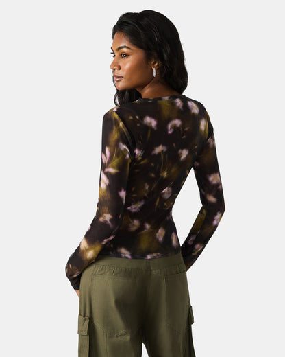 LILIANNA Black Multi Mesh Sheer Long-Sleeved Floral Print Women's Top
