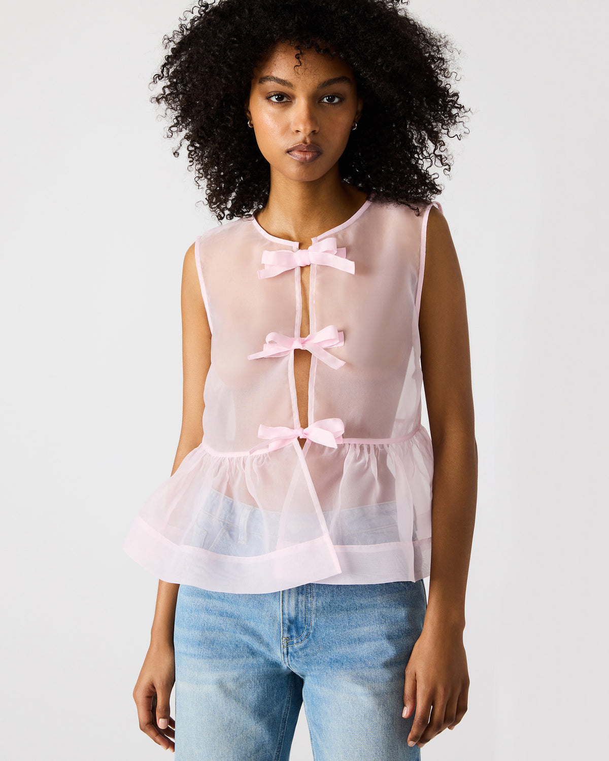 PAULINA Light Pink Sheer Mesh Bow Detail Tie-Front Women's Top