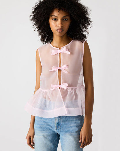 PAULINA Light Pink Sheer Mesh Bow Detail Tie-Front Women's Top