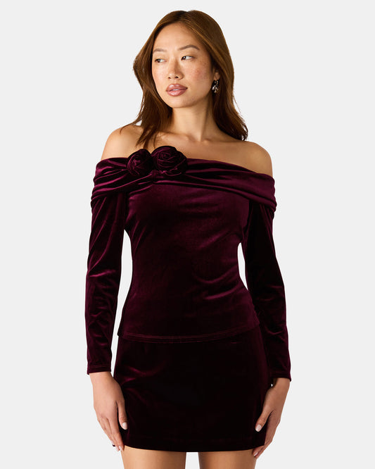 LICI Wine Long-Sleeved Velvet Rose Off-The-Shoulder Women's Top
