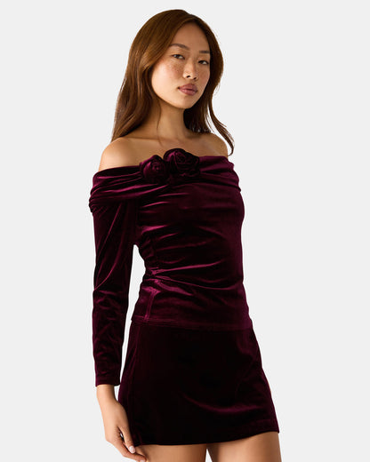 LICI Wine Long-Sleeved Velvet Rose Off-The-Shoulder Women's Top