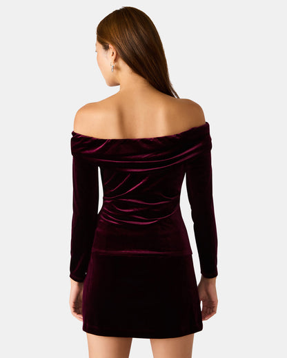 LICI Wine Long-Sleeved Velvet Rose Off-The-Shoulder Women's Top