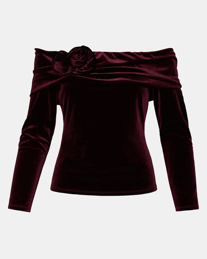 LICI Wine Long-Sleeved Velvet Rose Off-The-Shoulder Women's Top
