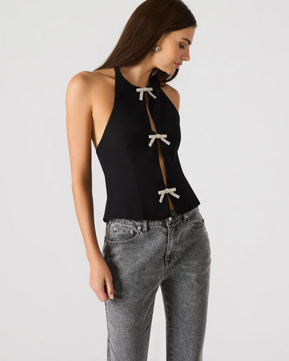 JUVIA Black Sleeveless Bow Detail Halter Women's Top