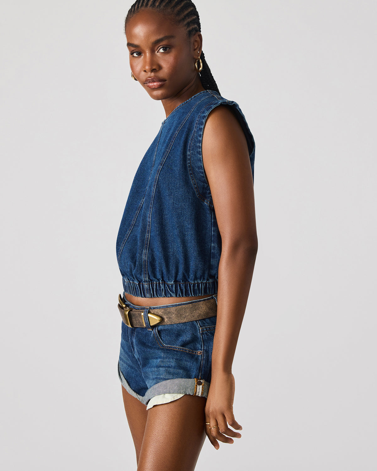 LEILA Denim Dark Blue Sleeveless Zipper Detail Women's Top