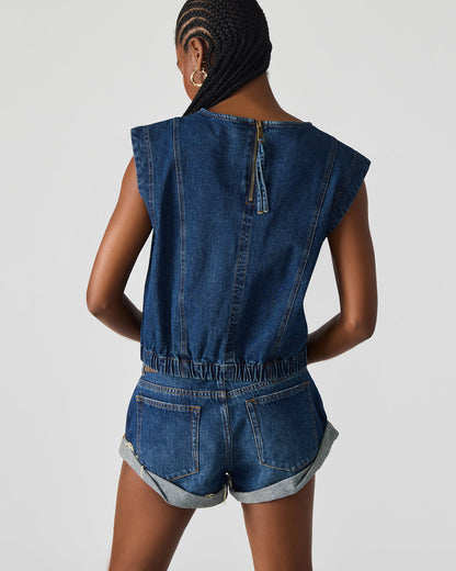 LEILA Denim Dark Blue Sleeveless Zipper Detail Women's Top
