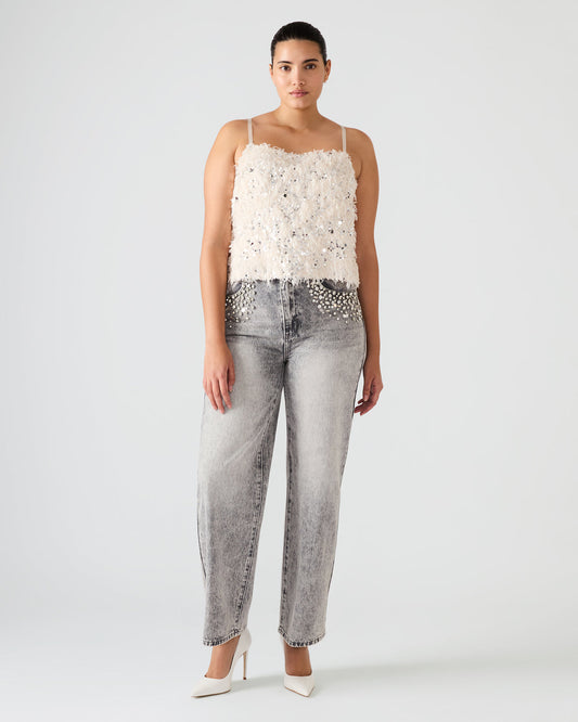 BLAKELYN Ivory Feather Sequin Embellished Women's Top