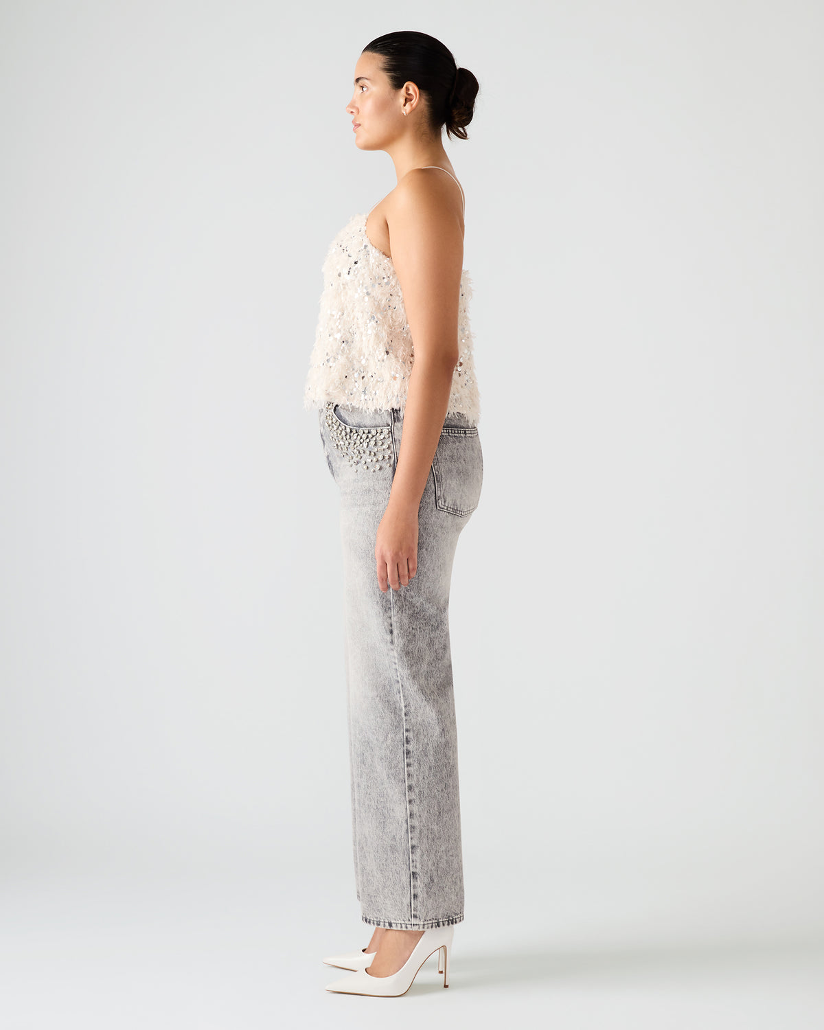 BLAKELYN Ivory Feather Sequin Embellished Women's Top