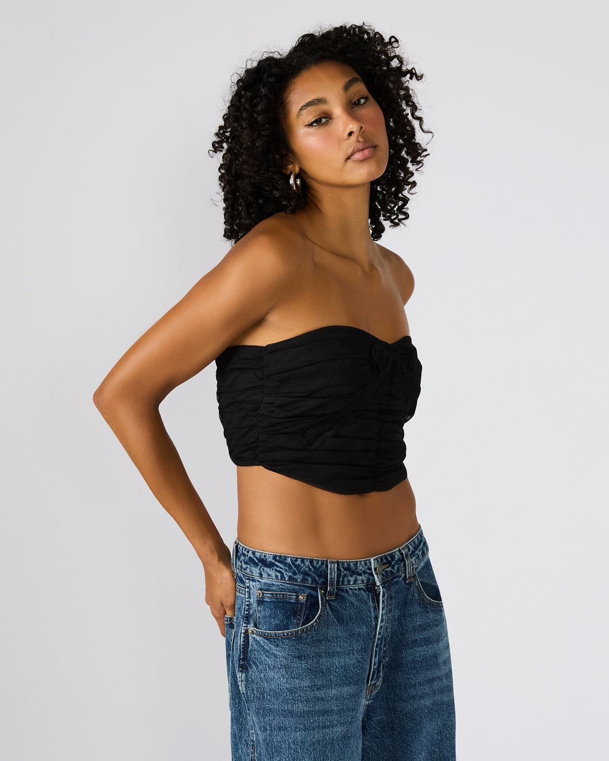MARTINE Black Strapless Ruched Cropped Corset Women's Top