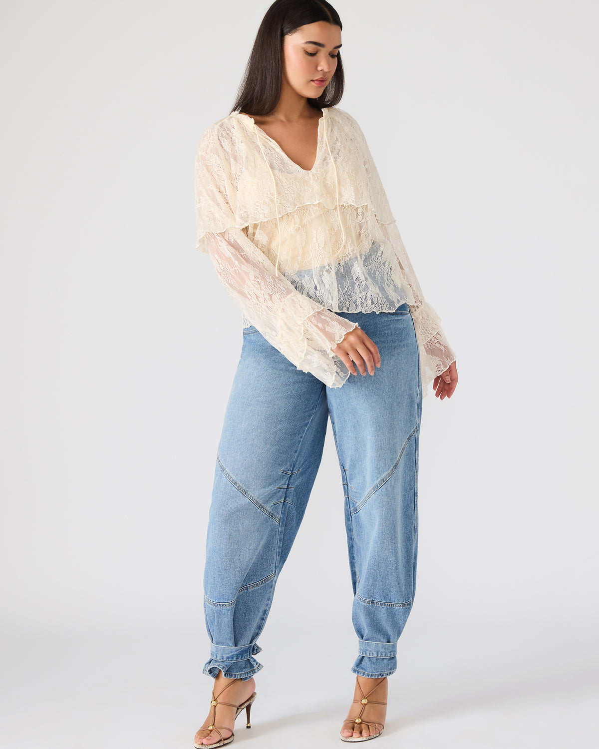 SAYLOR Cream Long-Sleeved Ruffle Mesh Lace Women's Top