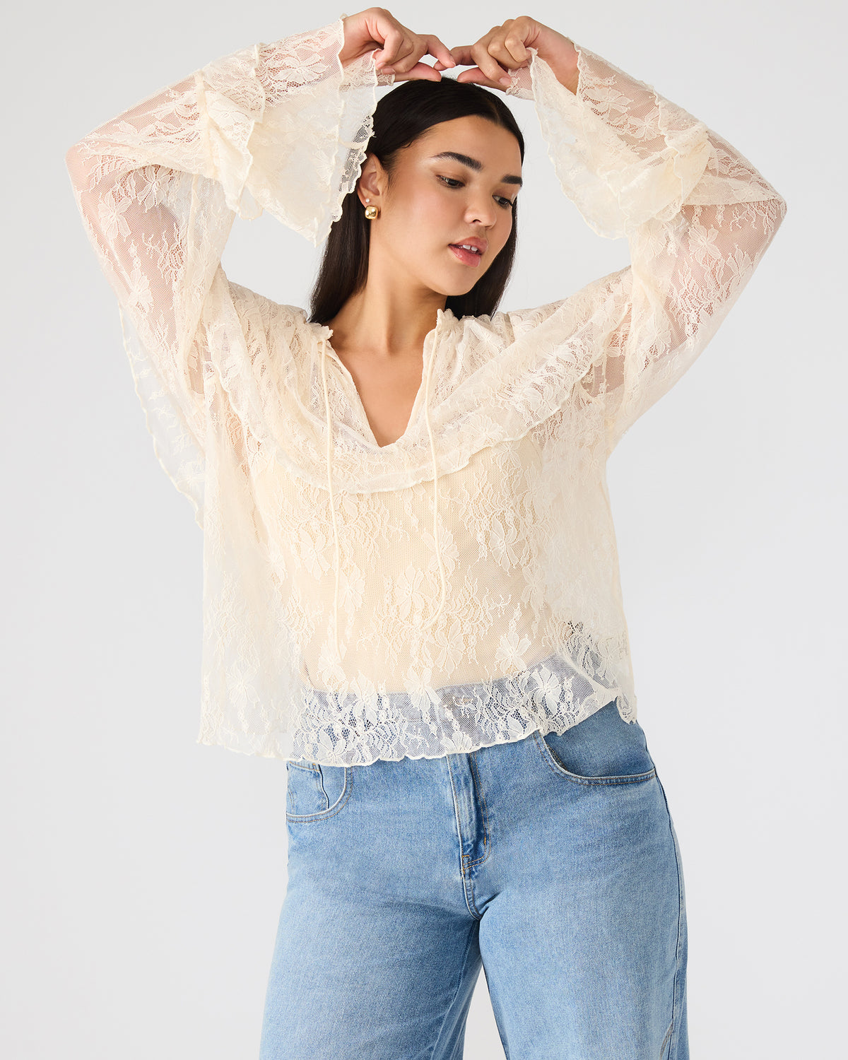 SAYLOR Cream Long-Sleeved Ruffle Mesh Lace Women's Top