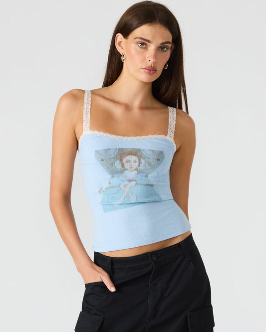 LOVE GOLDIE Surf Blue Lace Trim Sleeveless Graphic Women's Tank Top