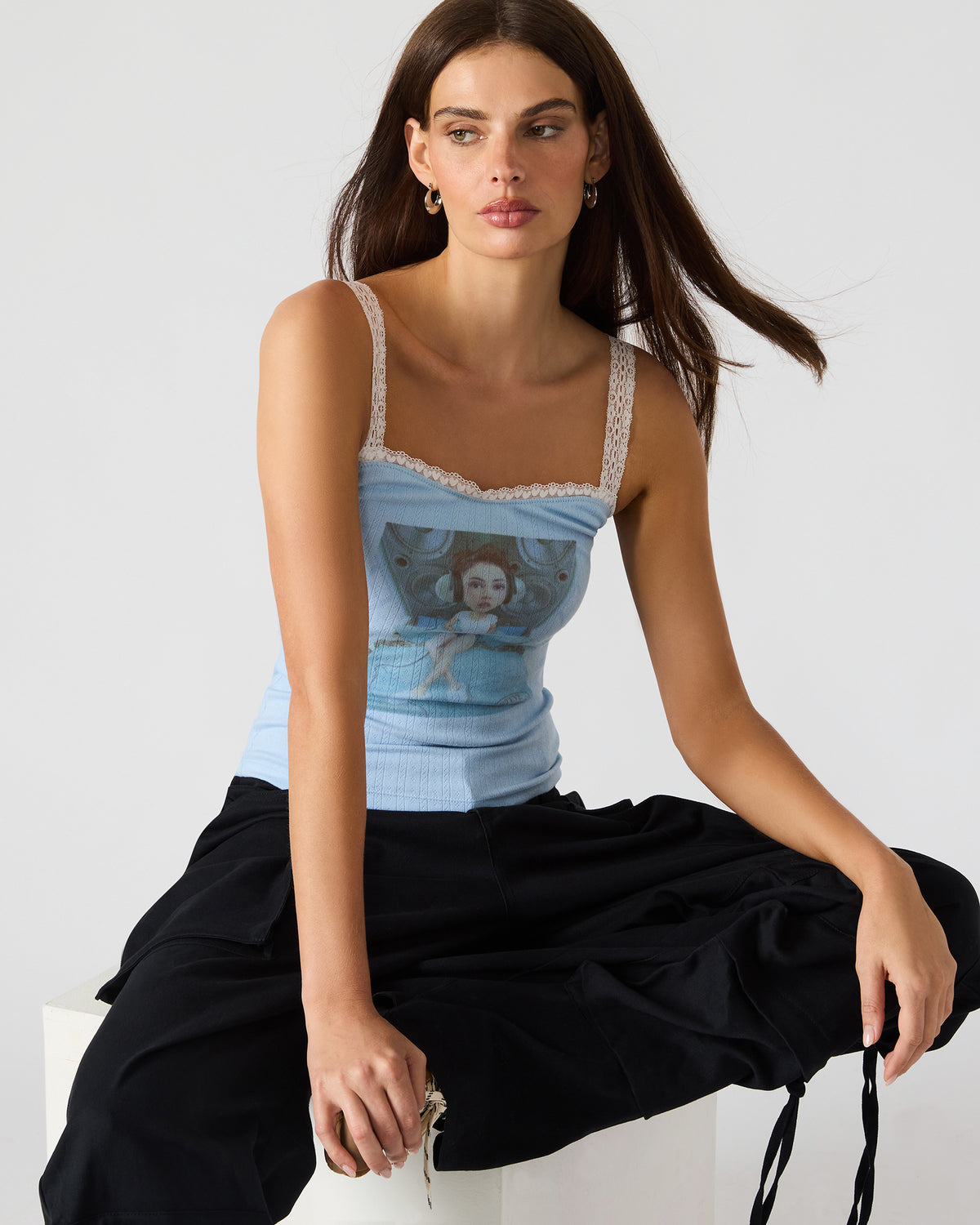 LOVE GOLDIE Surf Blue Lace Trim Sleeveless Graphic Women's Tank Top