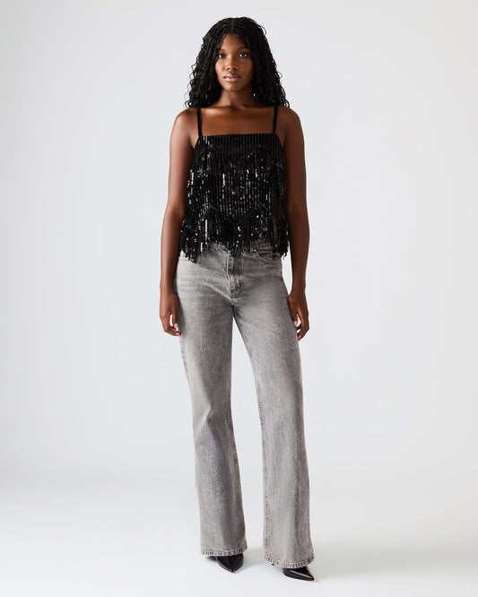 BLAKELYN Sequin Black Fringe Embellished Women's Top
