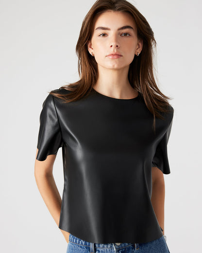 EZRA Black Women's Short Sleeve Faux Leather Top