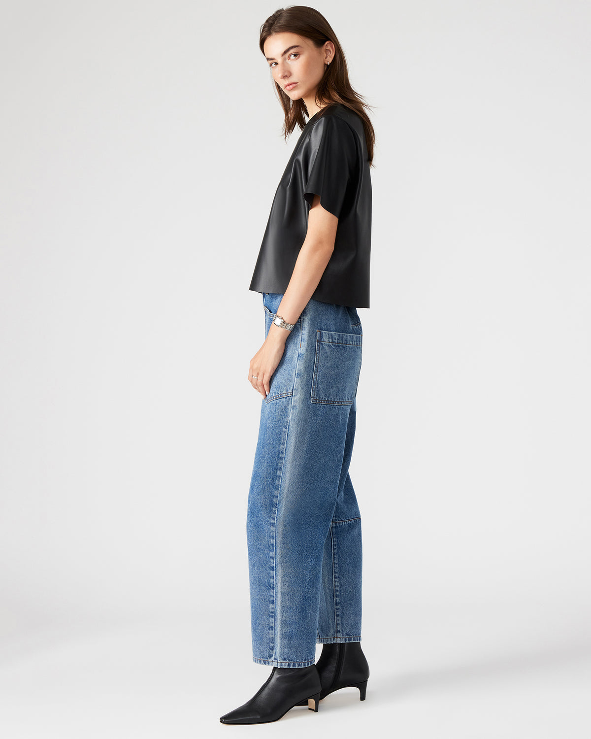 EZRA Black Women's Short Sleeve Faux Leather Top