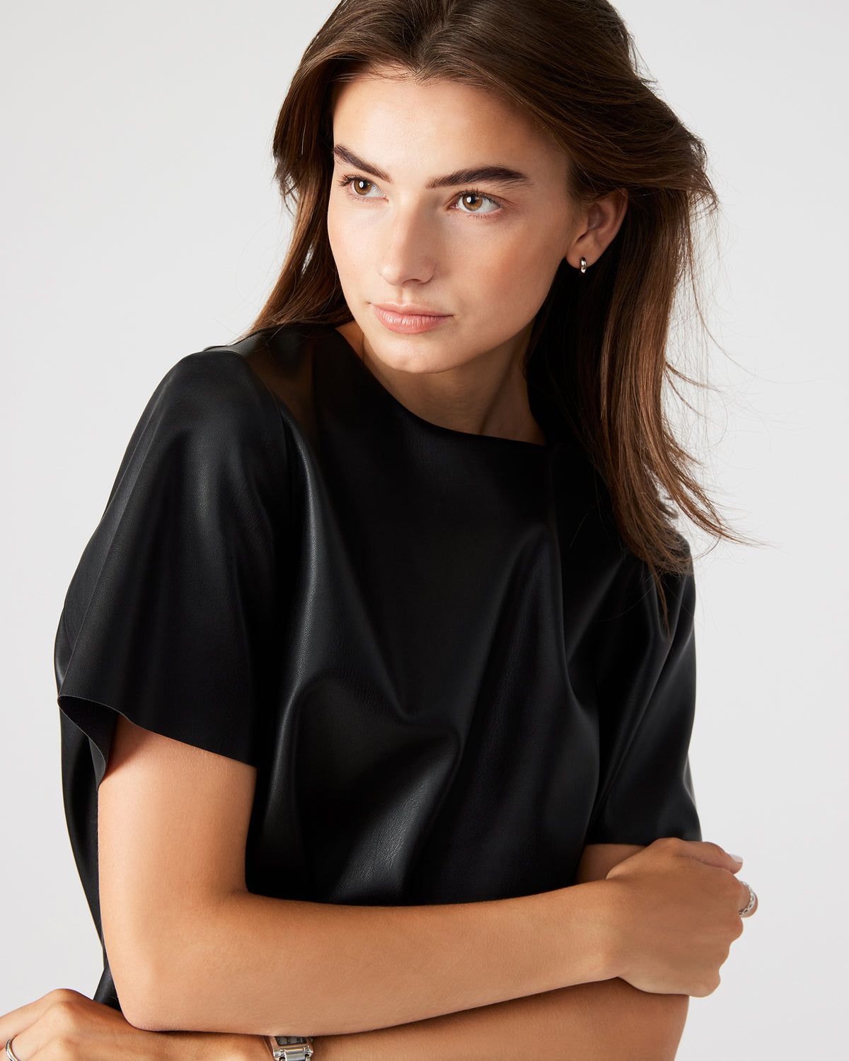 EZRA Black Women's Short Sleeve Faux Leather Top
