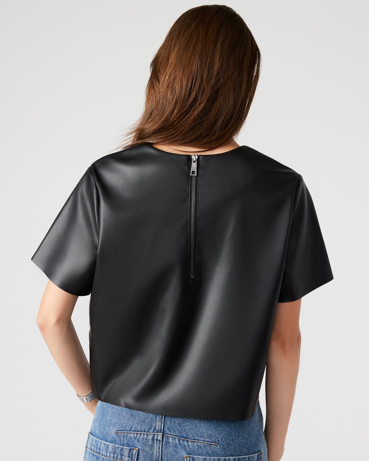 EZRA Black Women's Short Sleeve Faux Leather Top