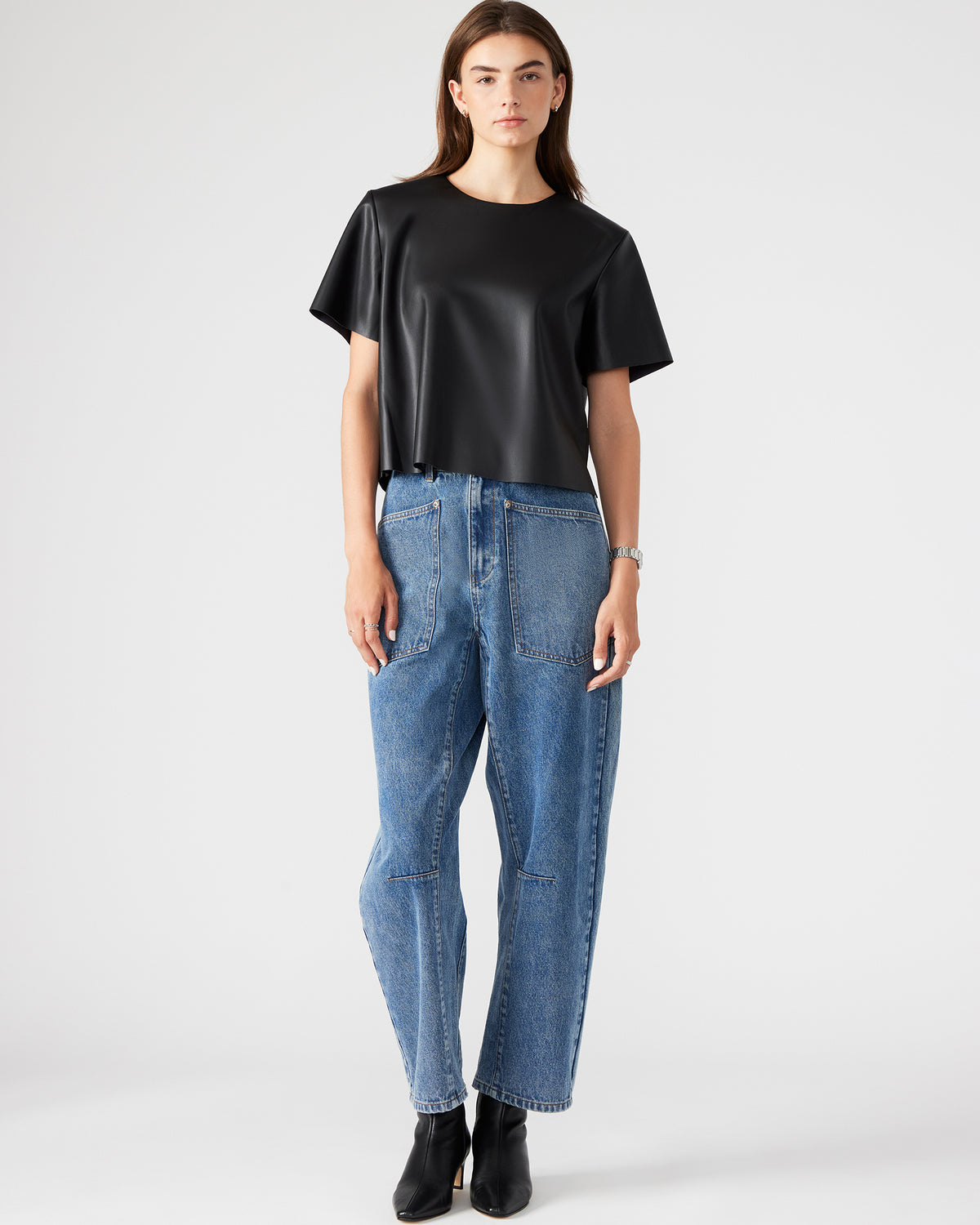 EZRA Black Women's Short Sleeve Faux Leather Top