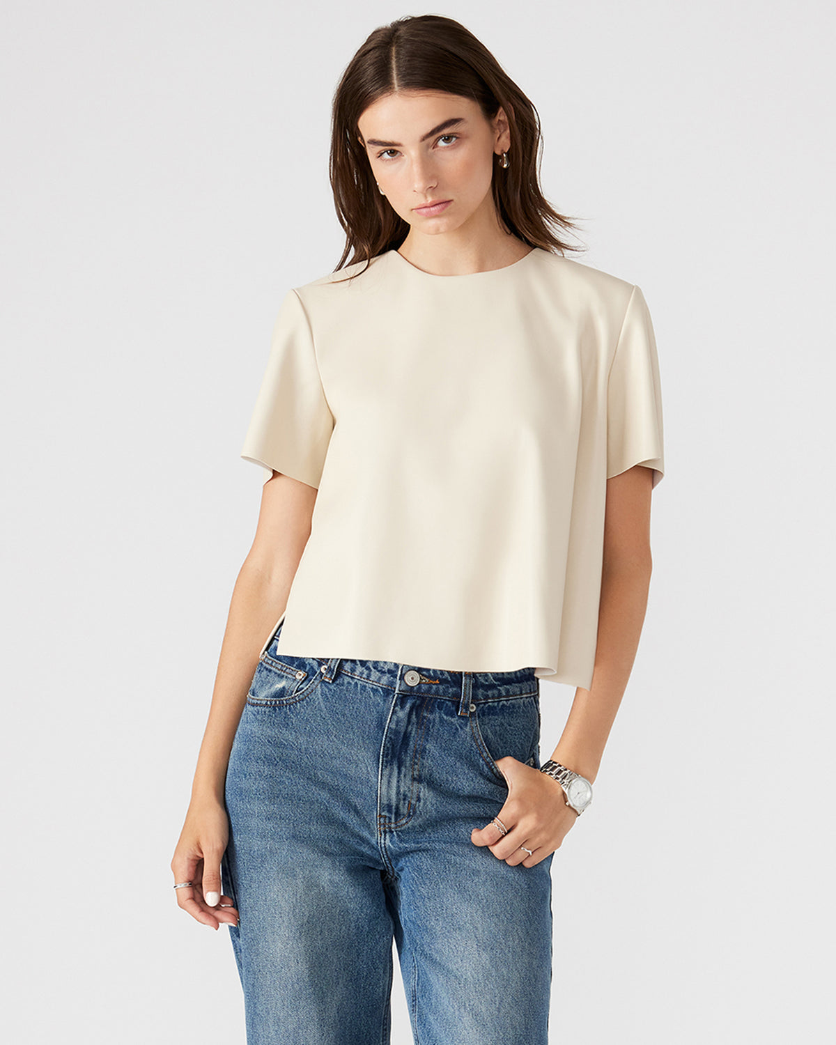EZRA Bone Women's Short Sleeve Faux Leather Top