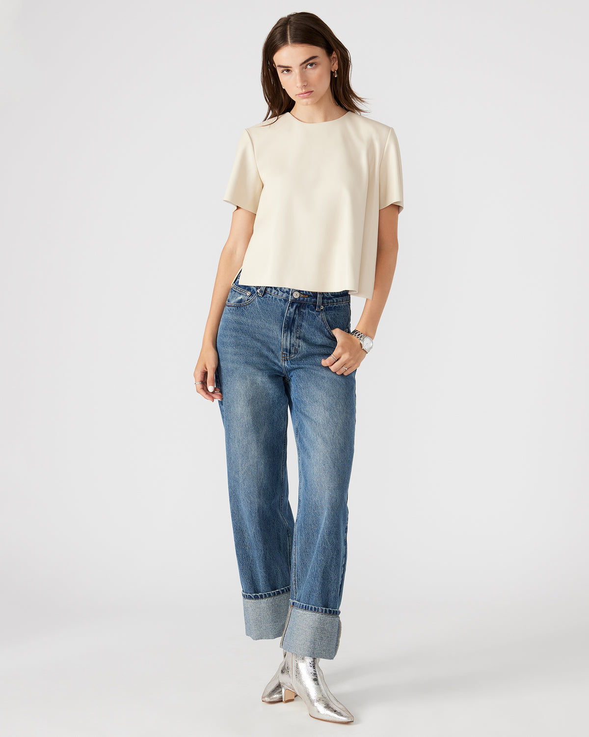 EZRA Bone Women's Short Sleeve Faux Leather Top