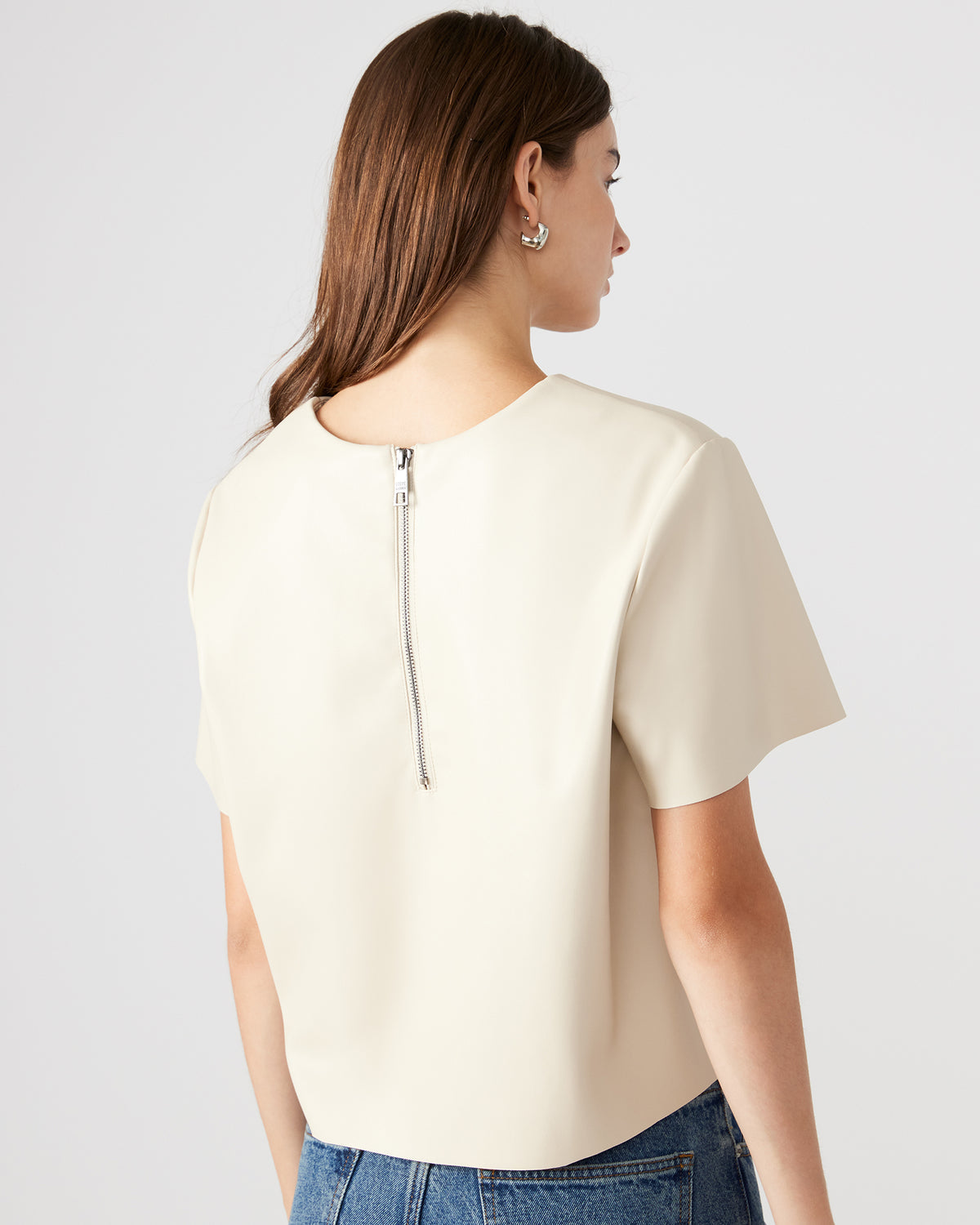 EZRA Bone Women's Short Sleeve Faux Leather Top