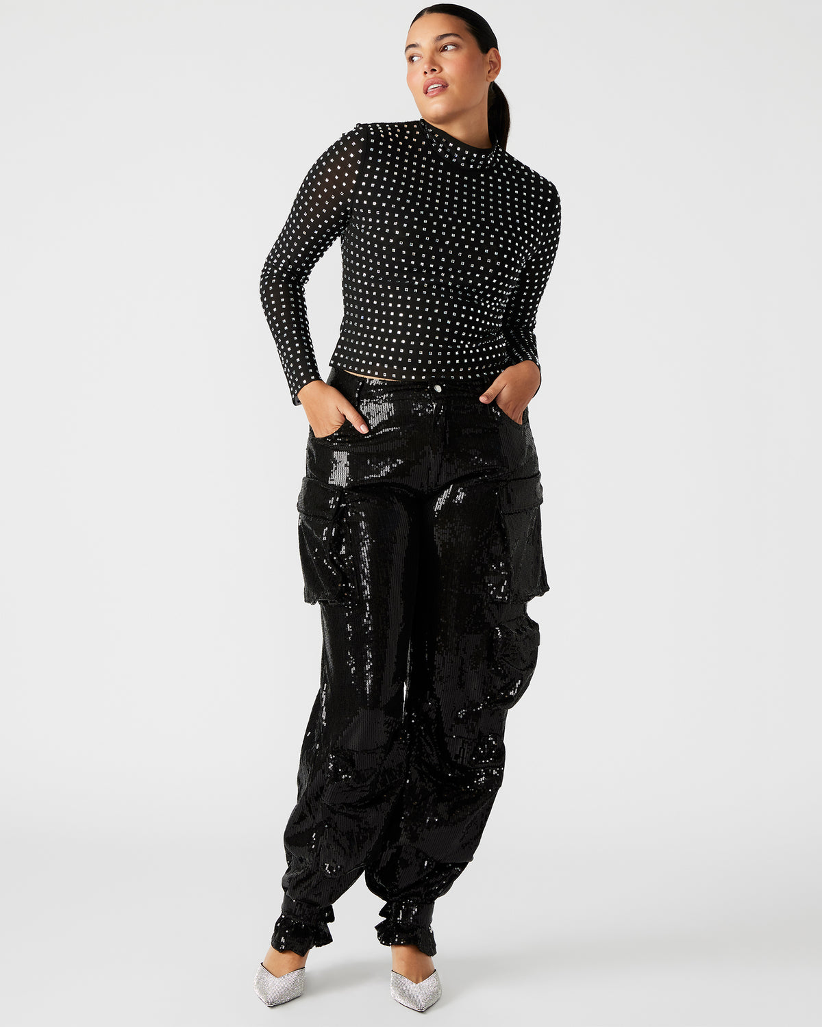 MELVINA Top Black | Women's Long-Sleeved Mesh Fabric Embellished Top