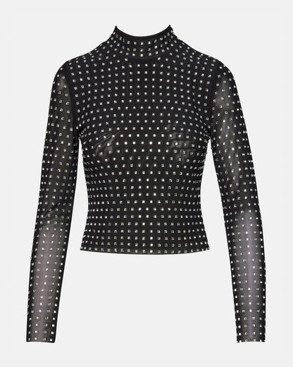 MELVINA Top Black | Women's Long-Sleeved Mesh Fabric Embellished Top